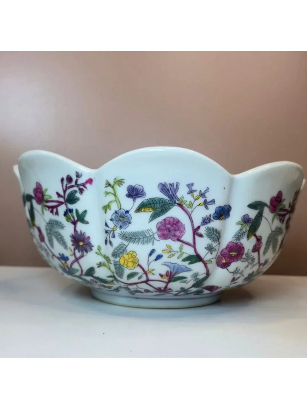 Vintage New England Pottery Floral Planter Bowl Scalloped colorful Wildflowers